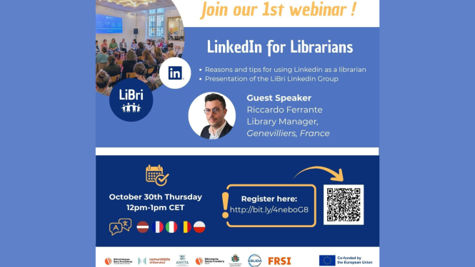 Reklāmas baneris ar lektora portretu un kvadrātkodu, lai pieteiktos vebināram